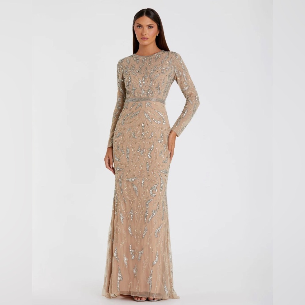 Mac Duggal - Beige Beaded Long Sleeve Evening Gown